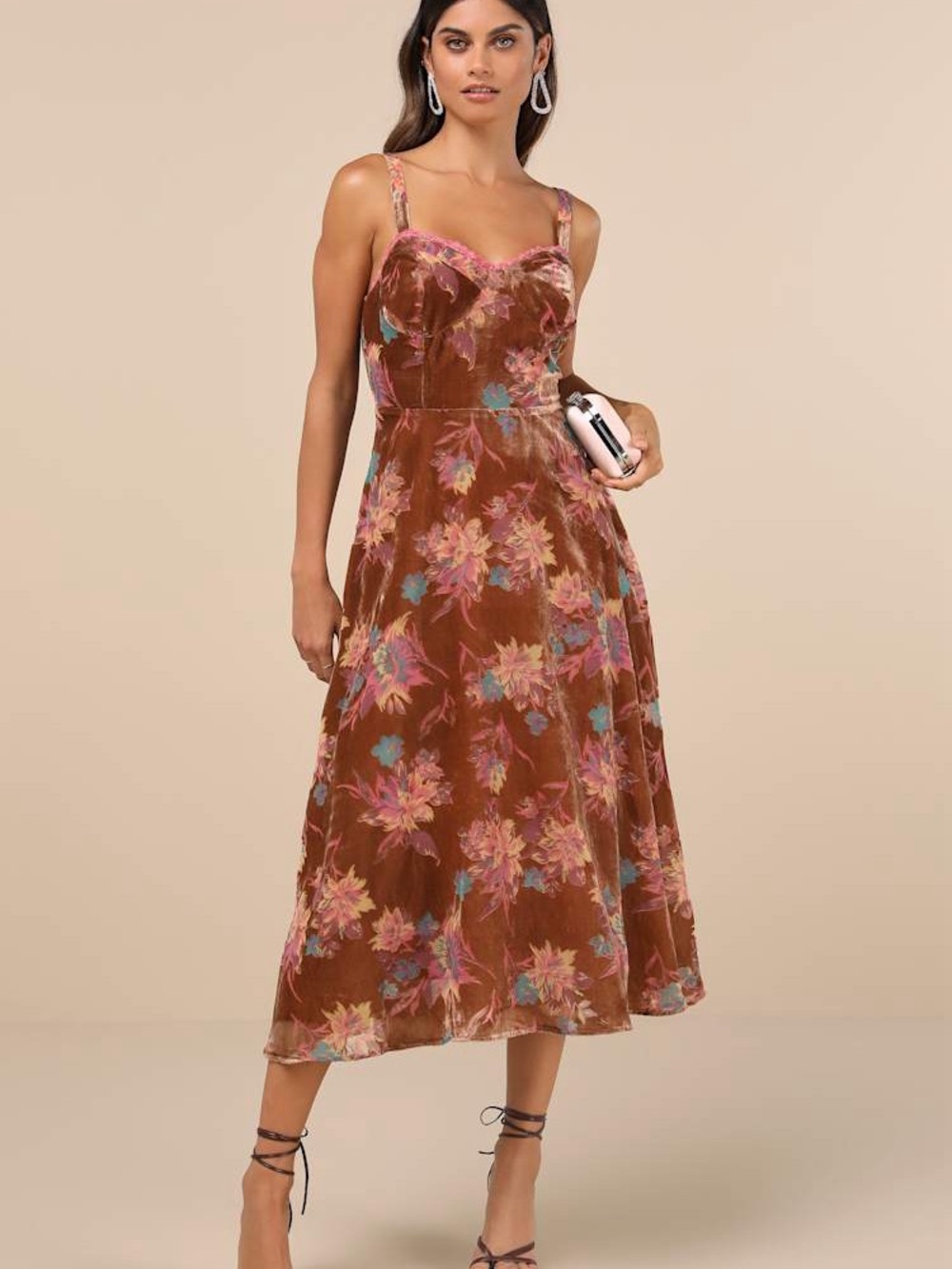 Lulus Coveted Grace Brown Velvet Burnout Bustier Midi Dress size XL